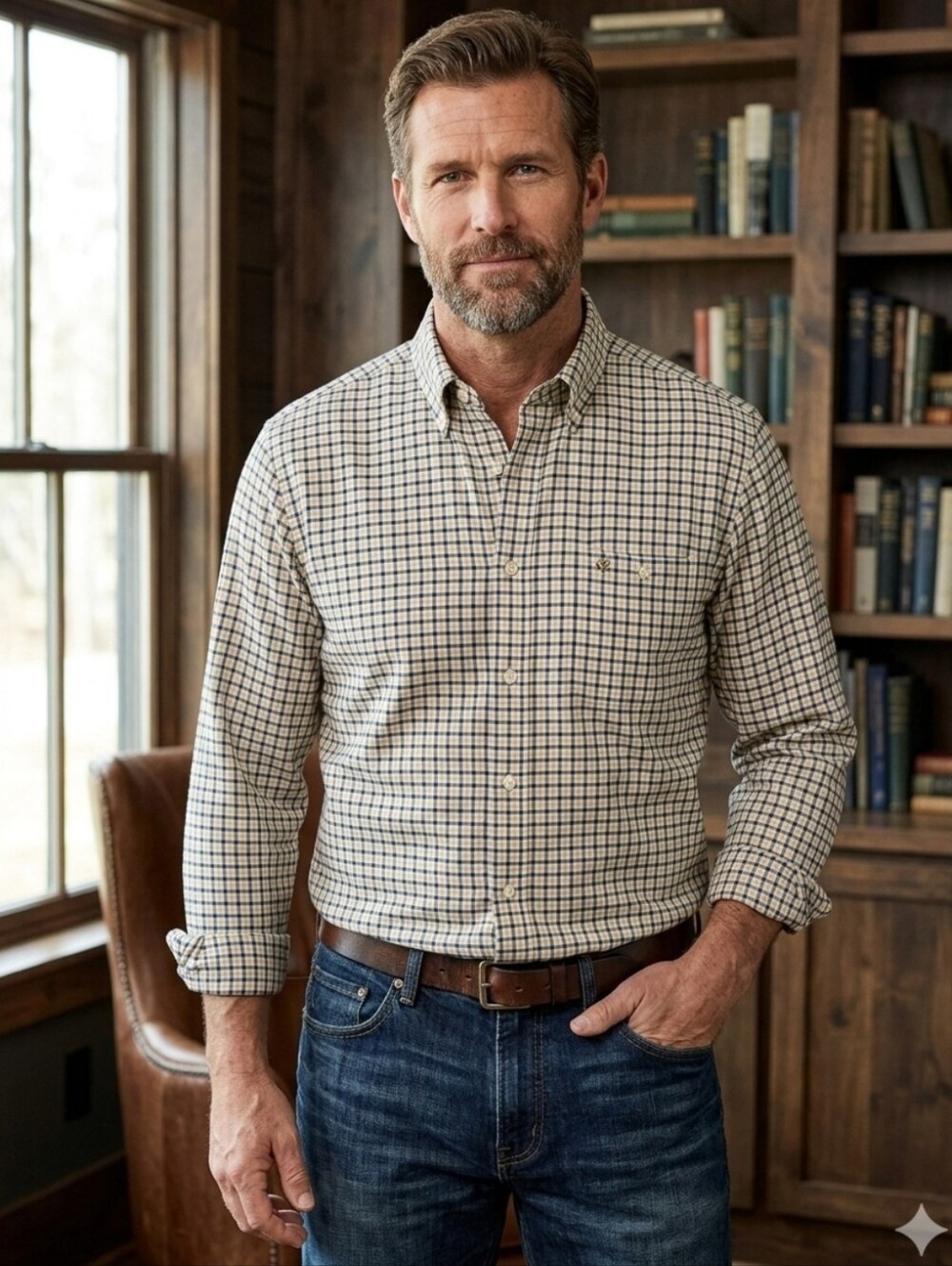 Orvis Men's Cream and Navy Windowpane Button-Down Shirt